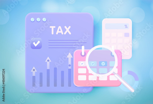 Tax payment and fees 3d concept. State Government taxation, personal individual income taxes. Data analysis, calculation of tax return and financial research report. Pay the bills, invoices, payrolls