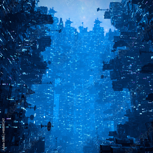 Cyberpunk city at night - 3D illustration of dark towering futuristic science fiction urban cityscape