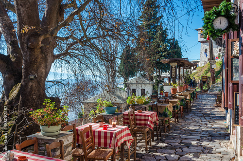 Traditional village of Makrinitsa with the stone built houses and the picturesque square, lies on the slopes of Pelion.