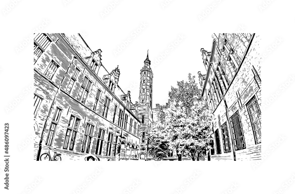 Building view with landmark of Mechelen is the 
city in Belgium. Hand drawn sketch illustration in vector.