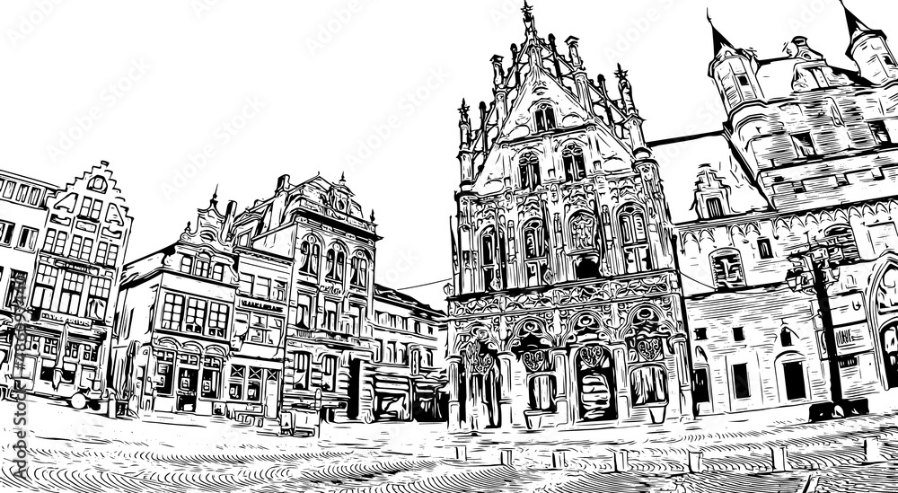 Building view with landmark of Mechelen is the 
city in Belgium. Hand drawn sketch illustration in vector.