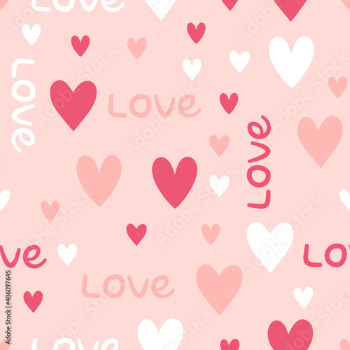 Seamless pattern cute hearts and love phrase