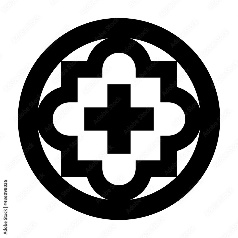Christian symbol with a Greek cross, framed by bold borders, after a Christian stone relief, from the 5th century in the Maximus cave and hermitage of St Peter Cemetery Catacombs, Salzburg in Austria. Christian symbol with a Greek cross, framed by bold borders, after a Christian stone relief, from the 5th century in the Maximus cave and hermitage of St Peter Cemetery Catacombs, Salzburg in Austria.