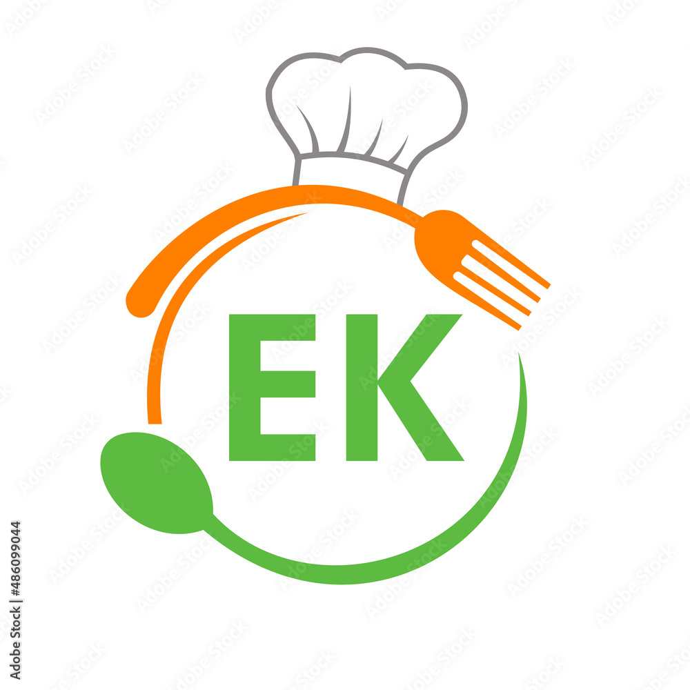 Letter EK Restaurant Logo with Chef Hat Spoon And Fork Template. Restaurant Logo On Letter EK Barbecue, Cafe Logo Vector - obrazy, fototapety, plakaty 