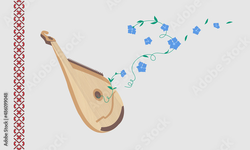 Ukrainian musical instrument bandura and flowers background with copy space