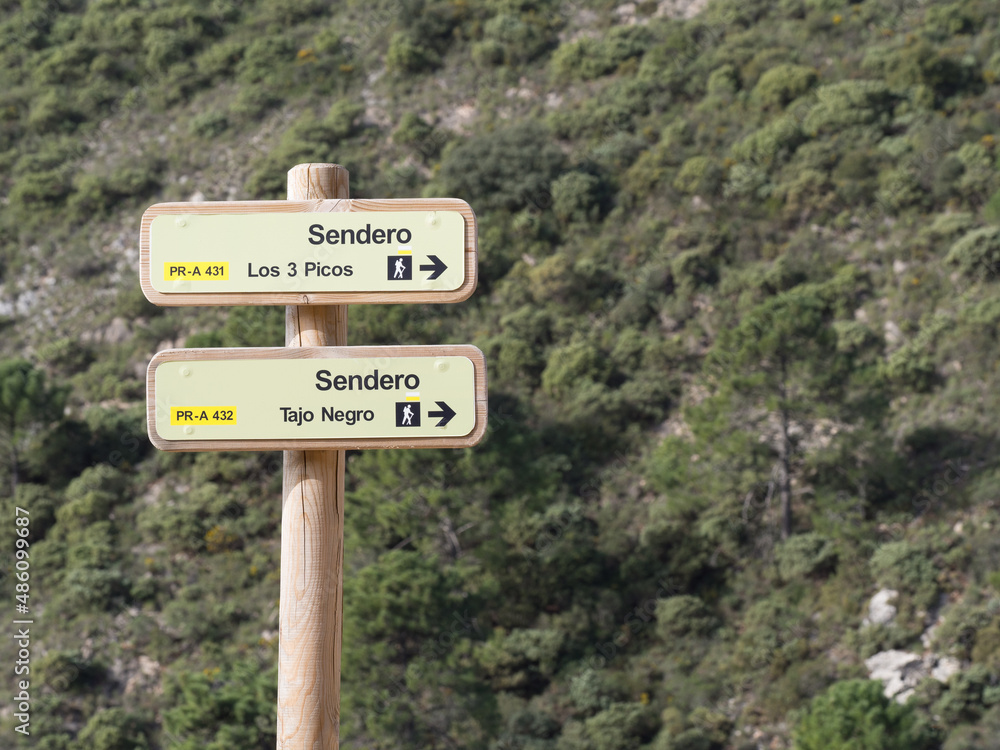 Sierra Blanca trail marking in Marbella, Costa del Sol, Spain. Guidepost to Tajo Negro and Los 3 Picos