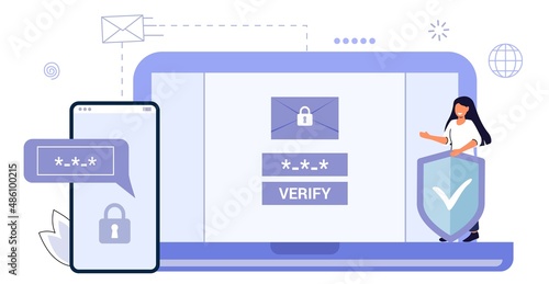 OTP One-time password for secure transaction on digital payment transaction for mobile app on smartphone screen 2-Step verification Vector illustration flat design Mobile phone and laptop Enter otp