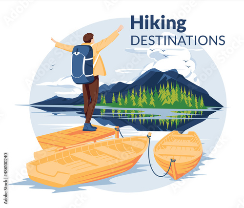 Hiking poster. landscape of a mountain lake. breathtaking view. A man with a backpack stands on a pier with boats and looks at the mountains. flat vector illustration