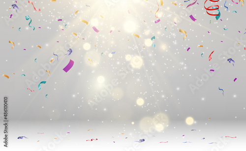 Lots of colorful tiny confetti and ribbons on transparent background. Festive event and party. Multicolor background.Colorful bright confetti isolated on transparent background	 photo