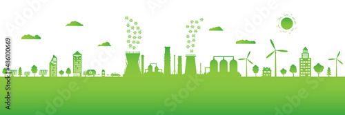 Environmentally friendly production. Silhouette ecological city. Green energy with wind energy and solar panels. Concept of environment conservation.