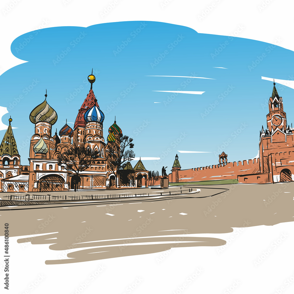 Fototapeta premium Saint Basil's Cathedral hand drawn sketch, vector illustration