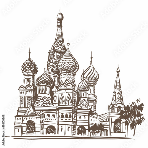 Fototapeta Saint Basil's Cathedral hand drawn sketch, vector illustration