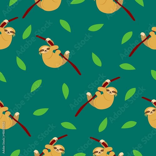 Seamless pattern of sloths hanging on tree branch and green leaves. Dark green background. Cartoon style. Cute and funny. Summer and spring. For wallpaper, textile, scrapbooking and wrapping paper