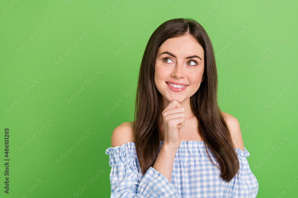 Fototapeta premium Portrait of adorable sweet lady look empty space brainstorming enjoying summer holiday isolated on green color background