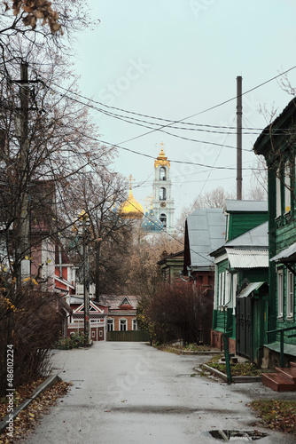Sergiev Posad, Russia - Typical street of a provincial Russian town overlooking the Orthodox Cathedral