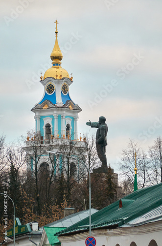 Kostroma, Russia - Monument to Lenin against the backdrop of the Assumption Cathedral in Kostroma.