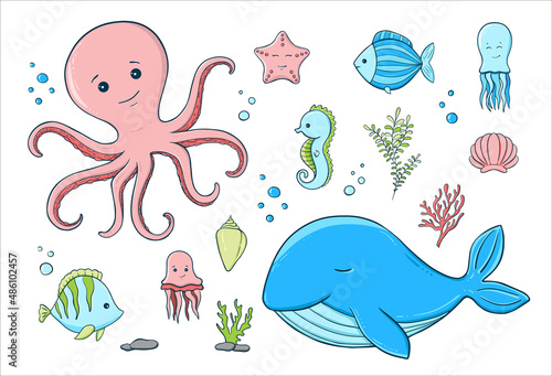 Set of vector illustrations of marine life. Children's drawing of fish, octopus, algae.