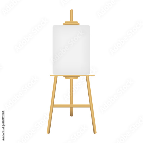 Wooden realistic easel with blank canvas, isolated on white background. Vector illustration