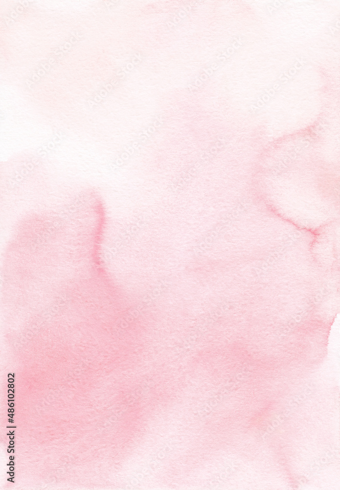 Fototapeta premium Watercolor pastel pink background texture. Watercolour backdrop. Light rose color stains on paper, hand painted.