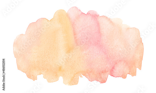 Abstract pastel orange and pink watercolor spot on white background. Watercolour blot with space for text. Hand painted isolated illustration with copy space.
