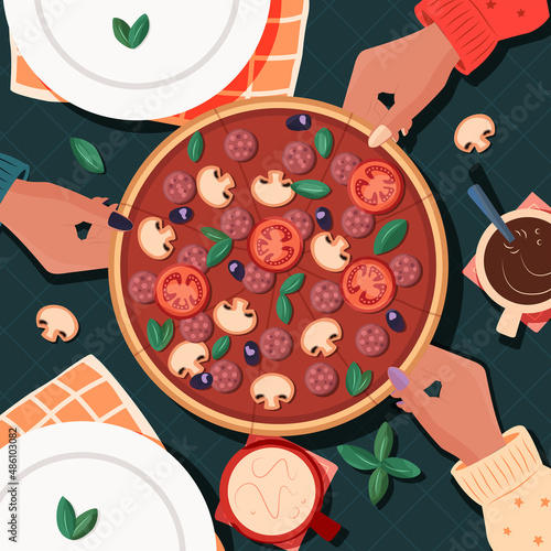 Top view of table with pizza and friends sharing. People taking slices, having a meal, with drinks. Colorful vector illustration.