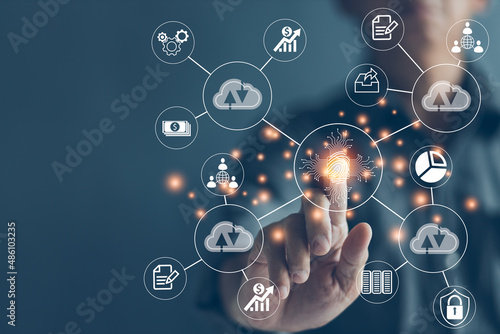 Businessman scanning fingerprints on virtual screen digital information management concept big data internet of things and business processes Automation, Various Storage Systems, Cloud Computing