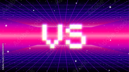 Versus sign with arcade game style with pixel letters over synthwave landscape. 80s styled VS emblem for competition poster.