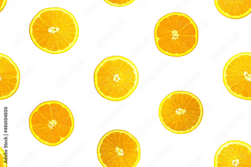 Orange slices seamless pattern on white background. Repetitive pattern of fresh yellow orange slices. Fruits pattern. Orange slices seamless pattern on white background. Repetitive pattern of fresh yellow orange slices. Fruits pattern.