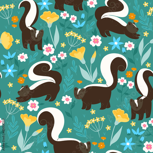 Seamless pattern with cute skunks and flowers. Vector graphics.