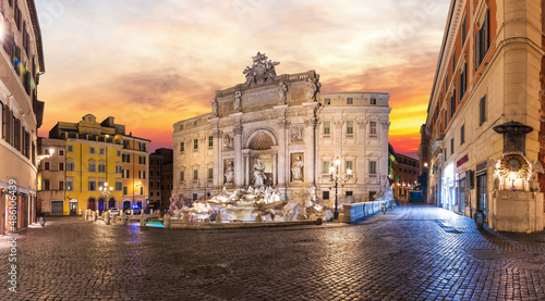 Beautiful full view of Trevi Fountain at sunrise, Rome, Italy, no people