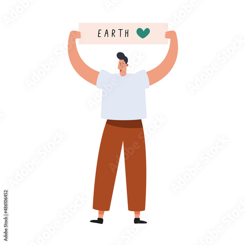 male ecologist lifting banner