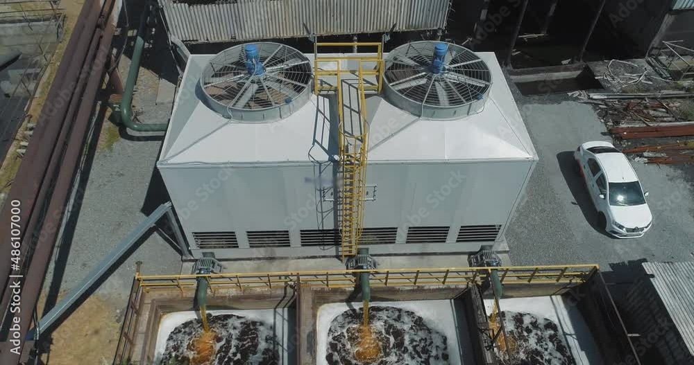 Cooling tower from a drone. Industrial cooling towers. Wet cooling