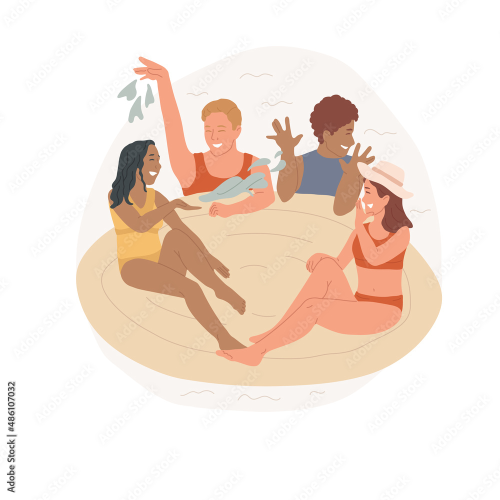 Swimming pool fun abstract concept vector illustration. Neighbors spend time together, visit friends, sitting in swimming ring, two families having fun, leisure time on backyard abstract metaphor.