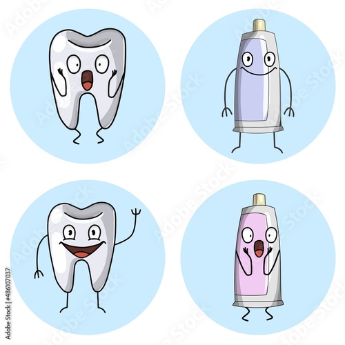 Collection of badges, dentistry, prevention, toothpaste for brushing teeth, happy and surprised toothpaste. vector