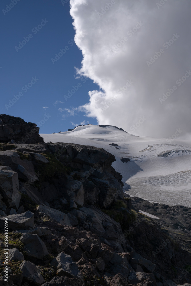 View of Glacier Alerce in Tronador hill in the Andes cordillera. The beautiful white ice field and mountains.