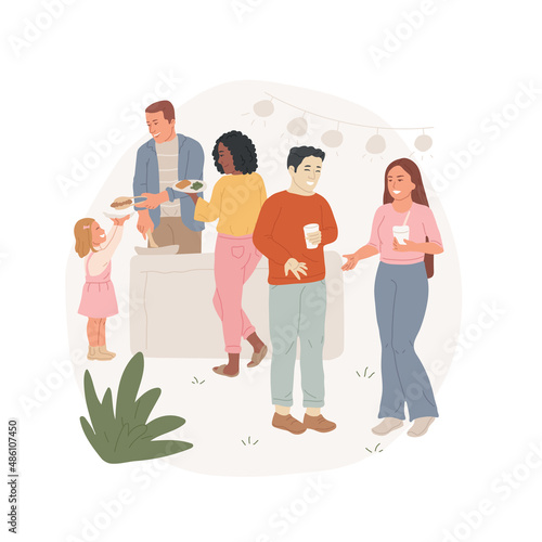 Block party abstract concept vector illustration. Neighbors having party outdoor, local food festival, line to the BBQ table, celebrate cultural diversity, residential blocks abstract metaphor.