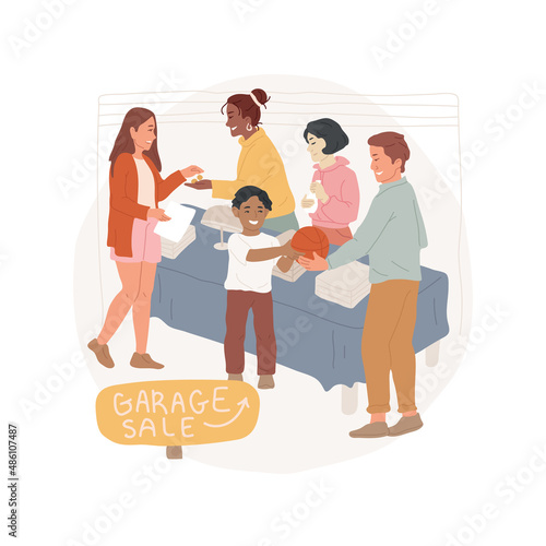 Garage sale abstract concept vector illustration. Families selling second hand goods in community yard, neighborhood charity, local flea market, garage sale, collect money abstract metaphor.