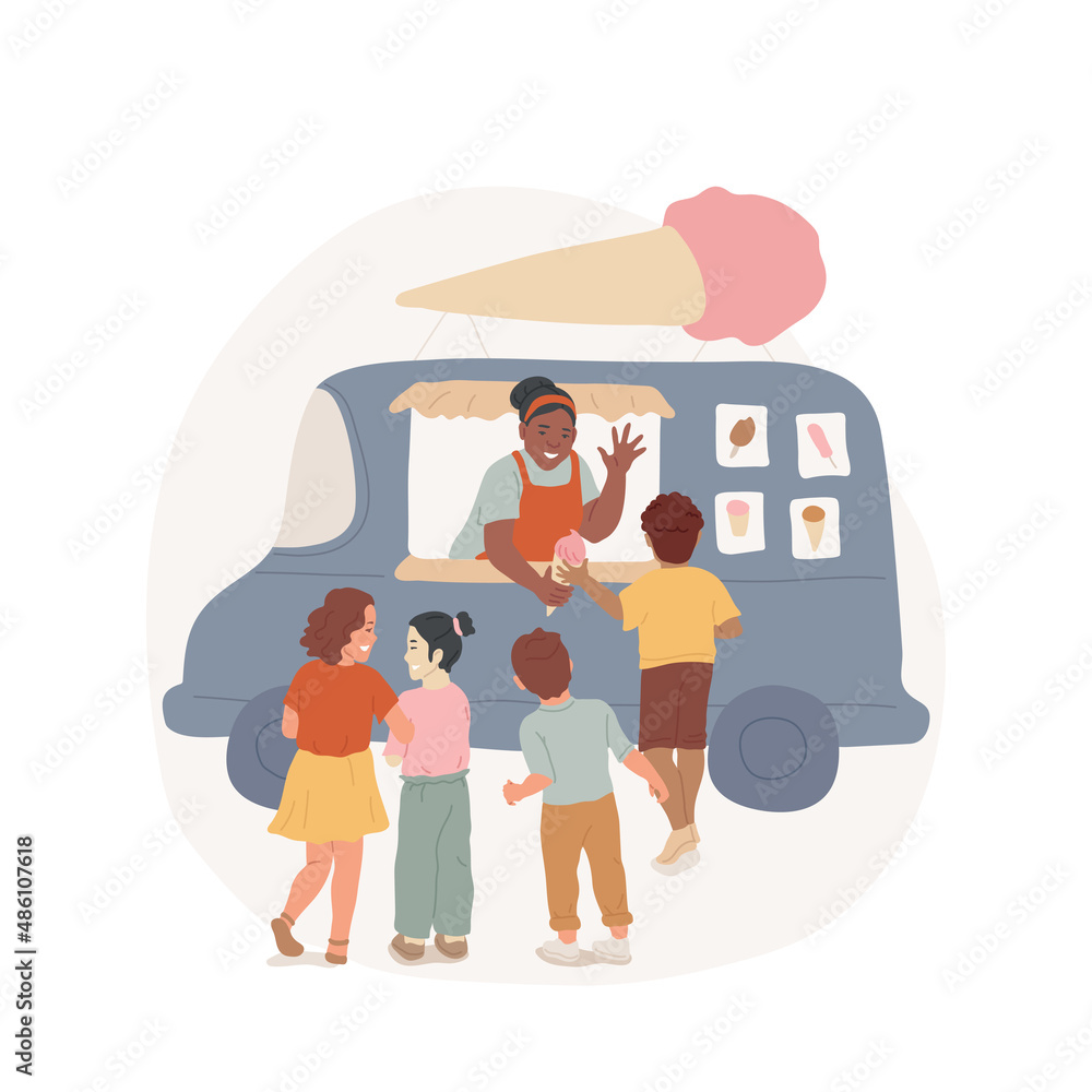 Ice cream truck abstract concept vector illustration. Community living, local business, decorated truck parked in residential area, neighborhood, kids queue for ice cream abstract metaphor. Ice cream truck abstract concept vector illustration. Community living, local business, decorated truck parked in residential area, neighborhood, kids queue for ice cream abstract metaphor.