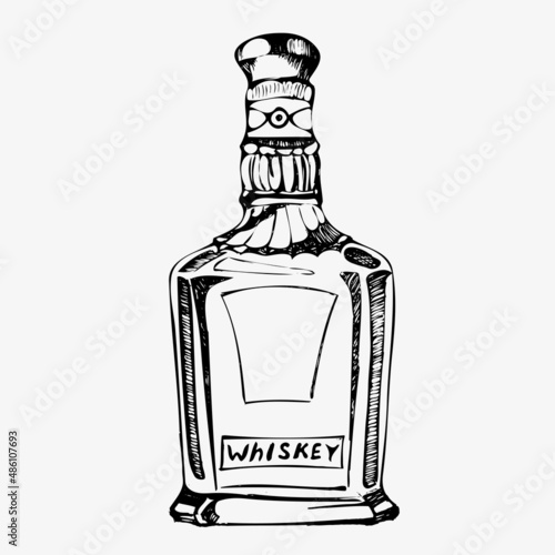 Classic Whiskey Bottle Sombrero On Top . Design Beautiful Stylish Glass Bottle With Blank Label For National Mexico Alcohol Drink. Package With Traditional Hat Cap Mockup Cartoon Illustration.