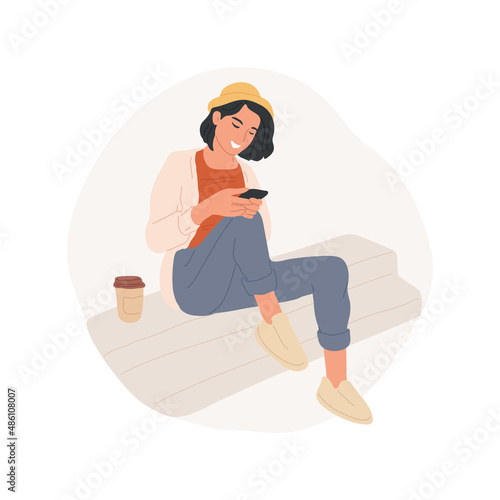 Waiting for friends abstract concept vector illustration. Beautiful teenage girl drinking takeaway coffee and waiting for friends, spending free time, leisure time outdoor abstract metaphor.