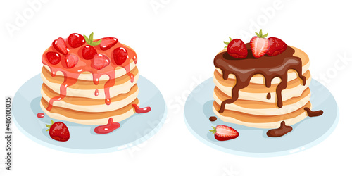 Set of pancakes with fruit jam and strawberries, chocolate cream .Cartoon vector graphics.