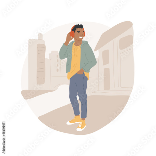 City walk abstract concept vector illustration. Teenage boy in headphones listening to music, enjoying urban landscape, spending free time walking in city, leisure time outdoor abstract metaphor.