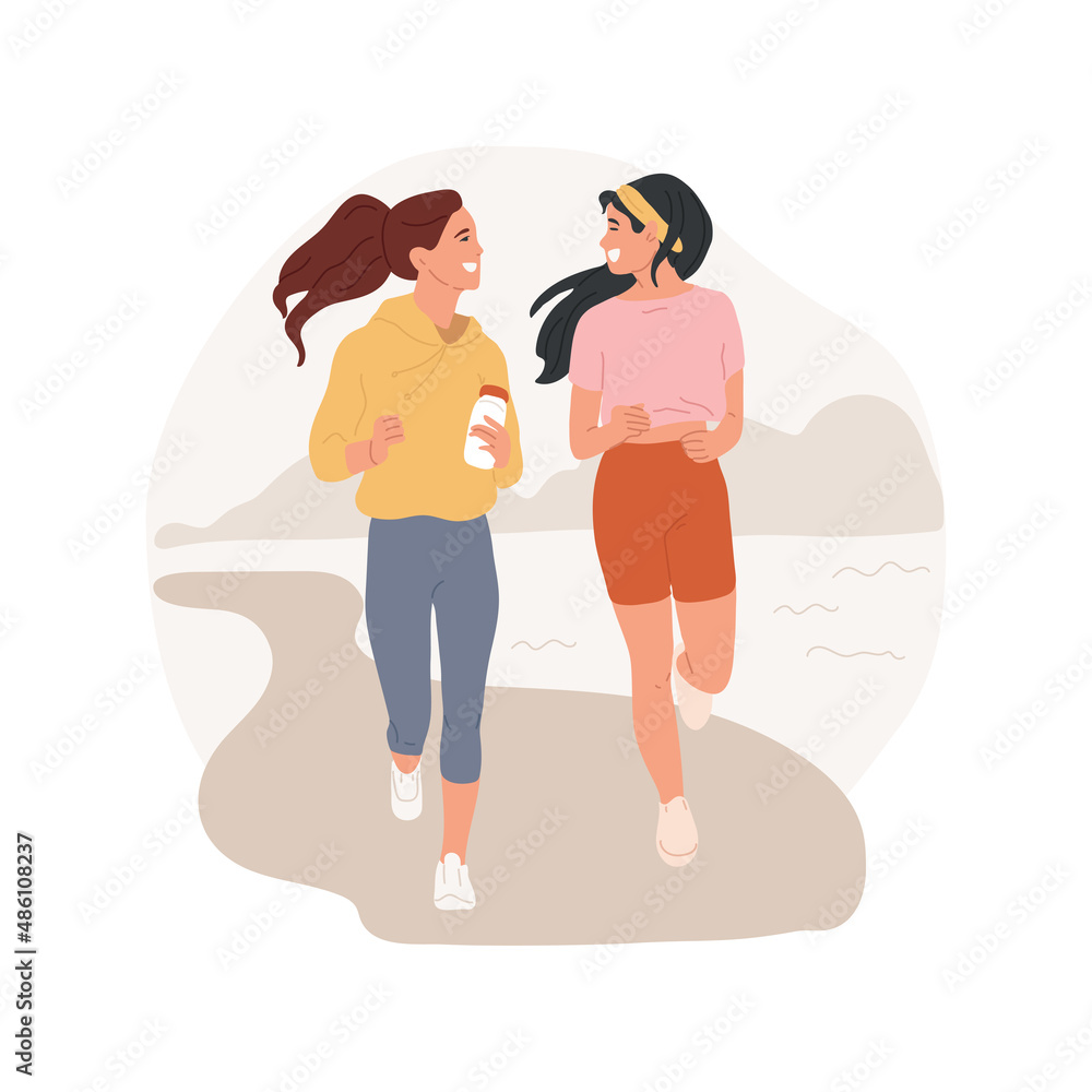 Jogging abstract concept vector illustration. Cheerful teenagers in sportswear jogging, active friends runing together, physical activity, girls lifestyle, teen wellness abstract metaphor.