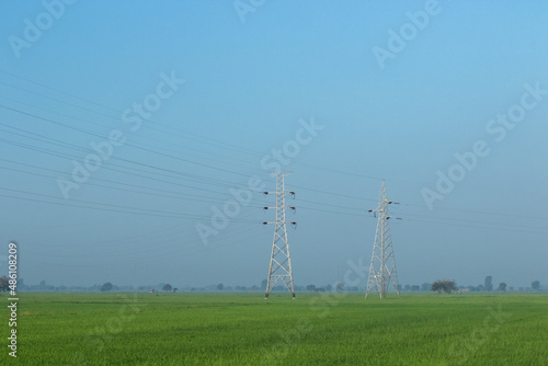 High voltage electricity transmission line and tower in rice field