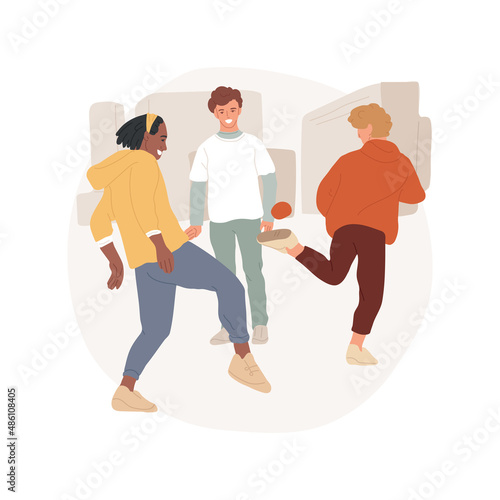 Hacky sack abstract concept vector illustration. Group of teens playing hacky sack in urban environment, friends doing sport together, physical activity, free time with benefit abstract metaphor.