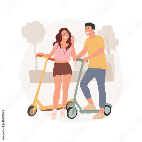 Electric scooter abstract concept vector illustration. Cheerful teenage couple riding scooter in urban park, sporty teenager, leisure activity, personal transport, eco-friendly abstract metaphor.