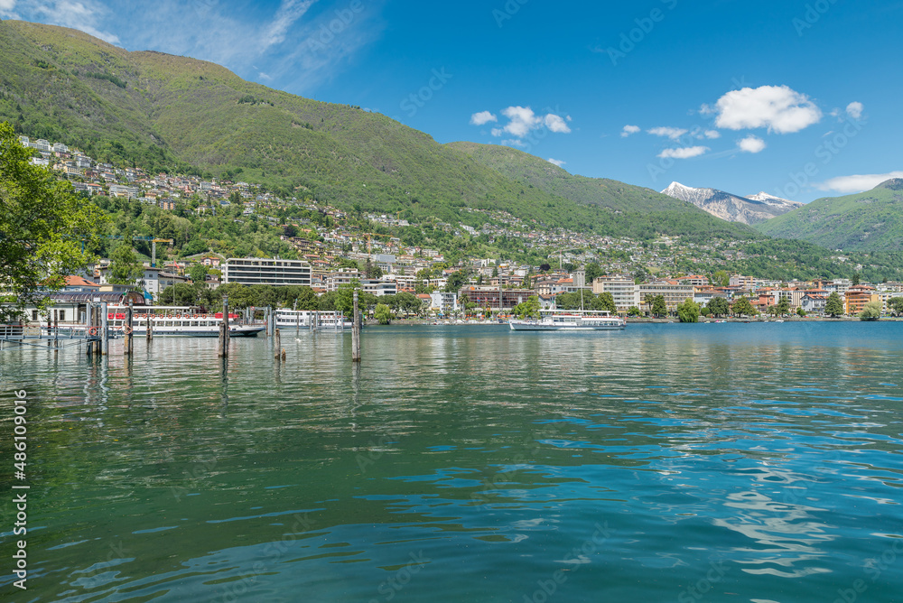Locarno city, Switzerland and lake Maggiore, departure area of the ferries. Locarno is an important tourist city on lake Maggiore located in southern Switzerland in the Canton Ticino