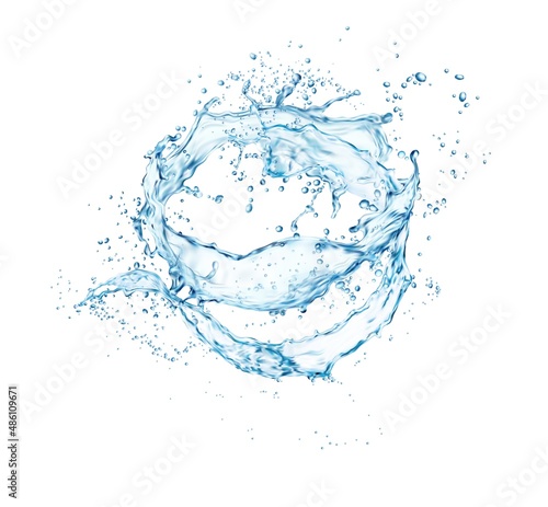 Isolated clean blue water wave swirl splash with splatters. Purity or energy concept. Realistic vector clear water splash falling drops frozen motion. Translucent aqua flow swirl splatters