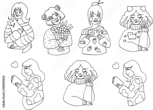 a large set of vector doodle art girls, teenagers