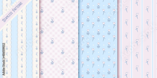 four seamless patterns set with pink roses